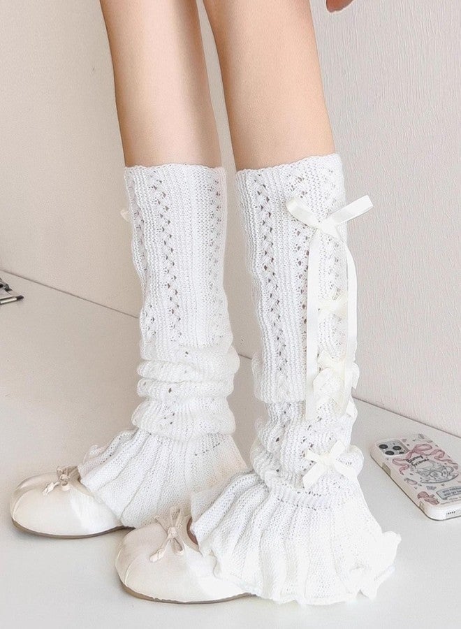 SherryDC Girl's Cute Knit Leg Warmers Kawaii Bowknot Ruffled Trim Knee High Leg Sleeve Socks Women - Image 5